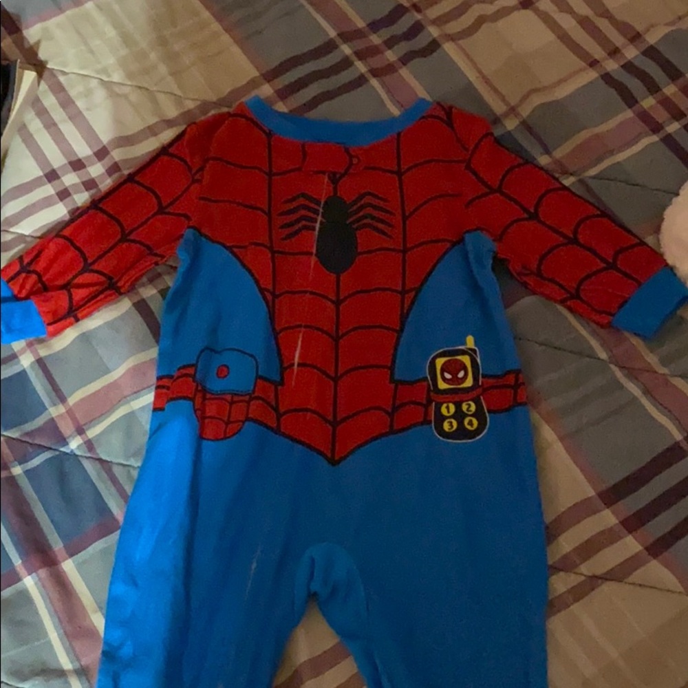 A baby boy spider man pajama one piece